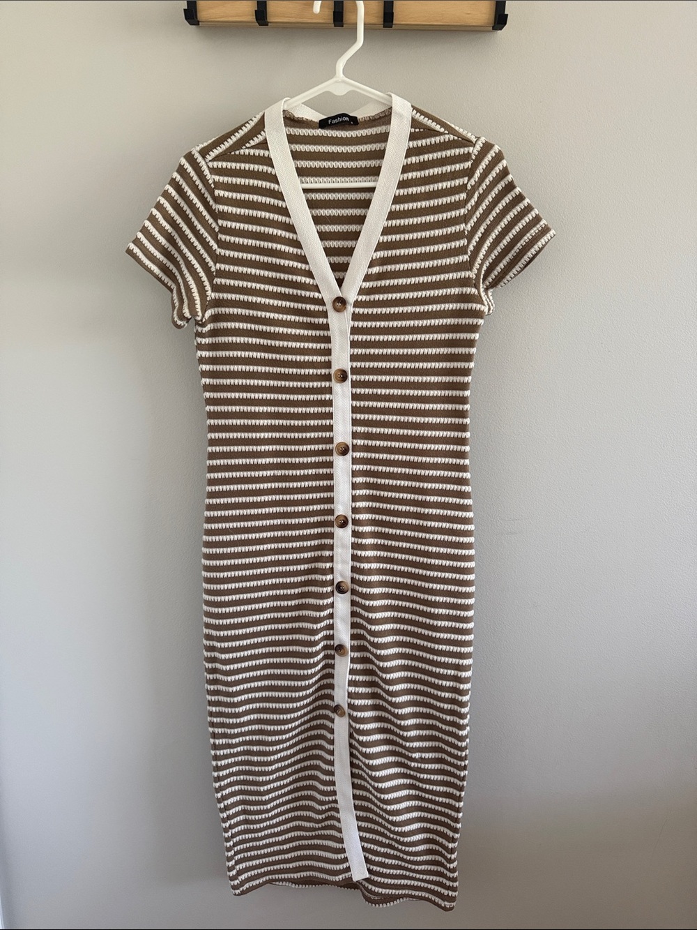 Striped Knit Button-Front Dress in Brown and White
